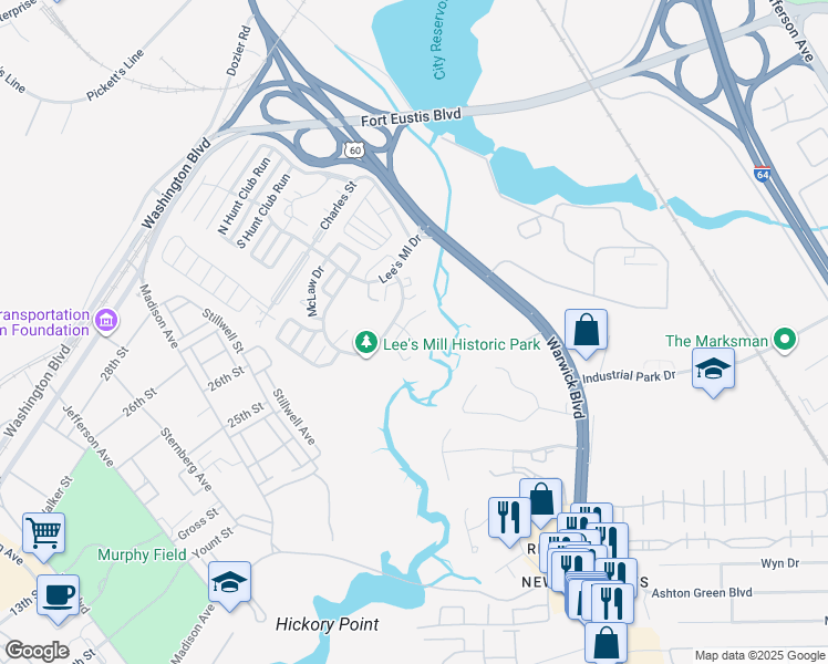 map of restaurants, bars, coffee shops, grocery stores, and more near 378 Rivers Ridge Circle in Newport News