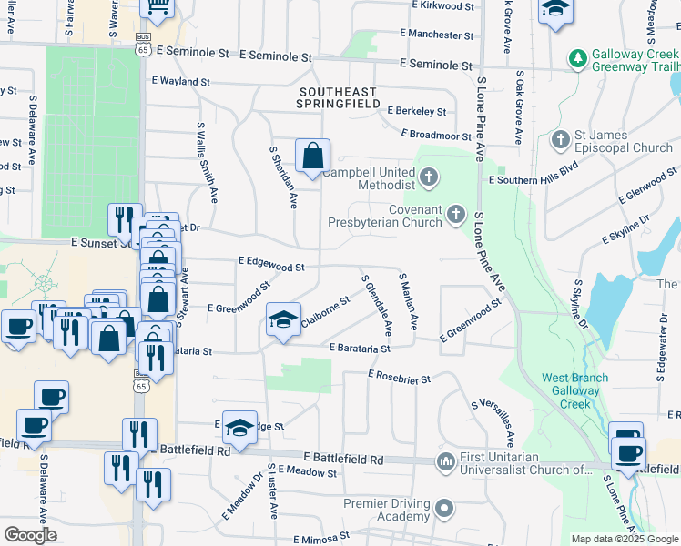map of restaurants, bars, coffee shops, grocery stores, and more near 2618 South Luster Avenue in Springfield