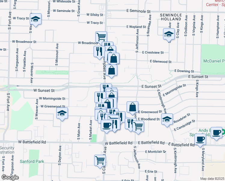 map of restaurants, bars, coffee shops, grocery stores, and more near 225 West Morningside Street in Springfield