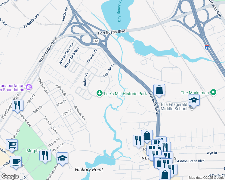 map of restaurants, bars, coffee shops, grocery stores, and more near 386 Rivers Ridge Circle in Newport News
