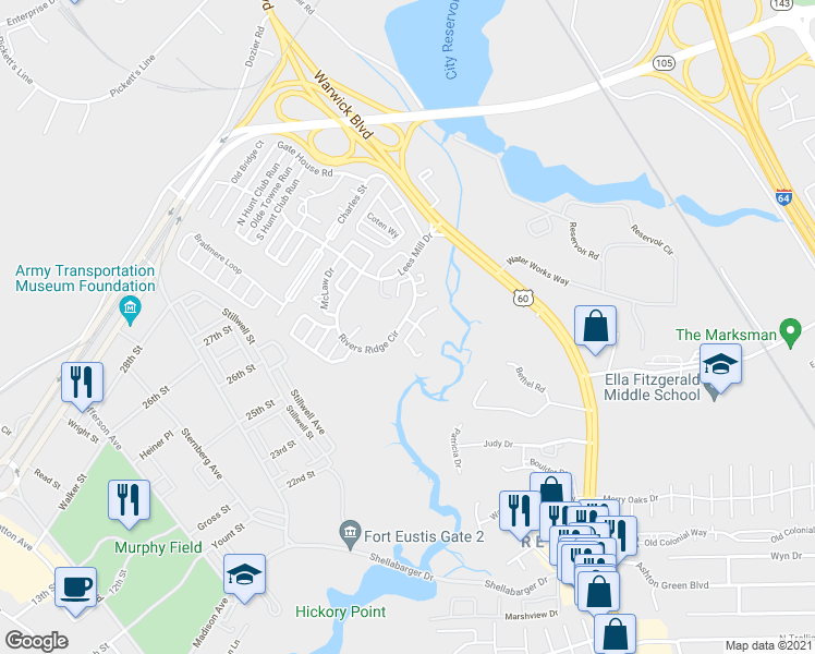 map of restaurants, bars, coffee shops, grocery stores, and more near 372 Rivers Ridge Circle in Newport News