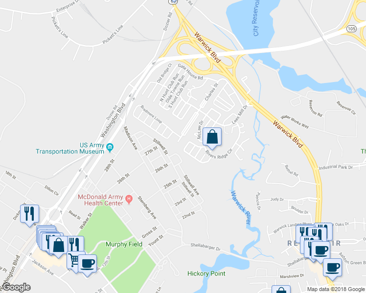 map of restaurants, bars, coffee shops, grocery stores, and more near 825 Depriest Downs in Newport News