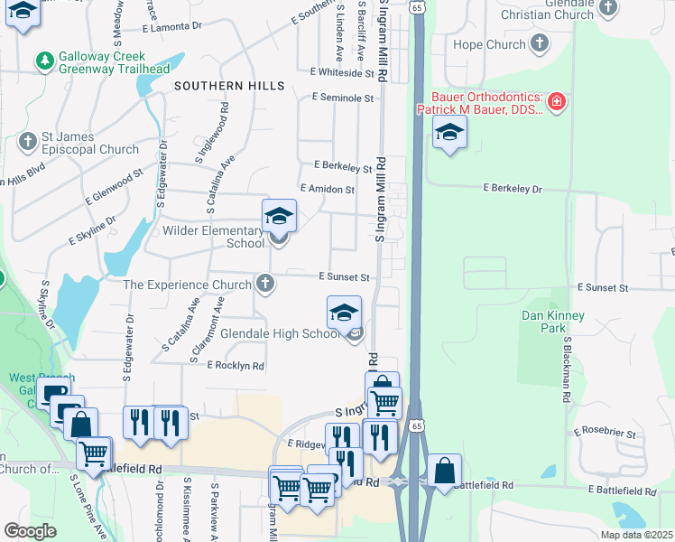 map of restaurants, bars, coffee shops, grocery stores, and more near 3321 East Sunset Street in Springfield