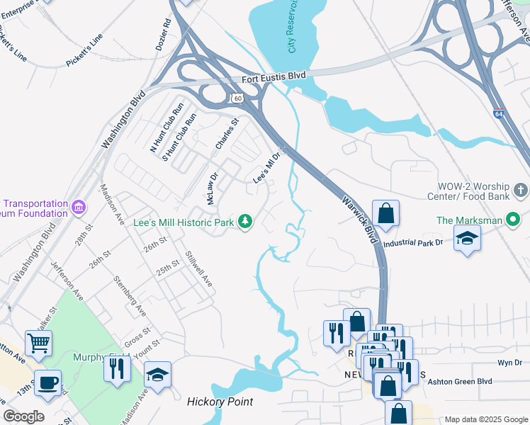 map of restaurants, bars, coffee shops, grocery stores, and more near 376 Rivers Ridge Circle in Newport News