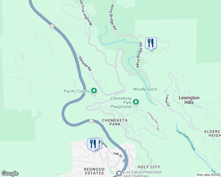map of restaurants, bars, coffee shops, grocery stores, and more near 18101 Idylwild Road in Los Gatos