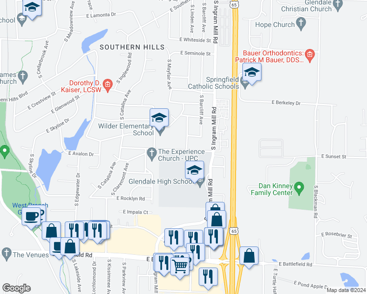 map of restaurants, bars, coffee shops, grocery stores, and more near 2559 South Linden Avenue in Springfield