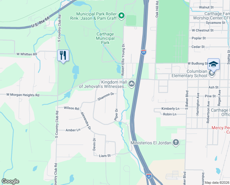 map of restaurants, bars, coffee shops, grocery stores, and more near 1301-1359 Piper Drive in Carthage