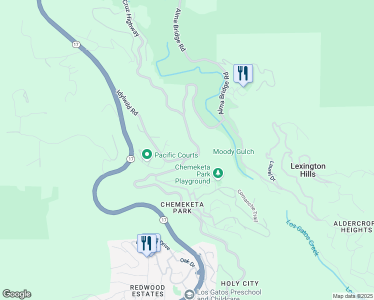map of restaurants, bars, coffee shops, grocery stores, and more near 18051 Idylwild Road in Los Gatos