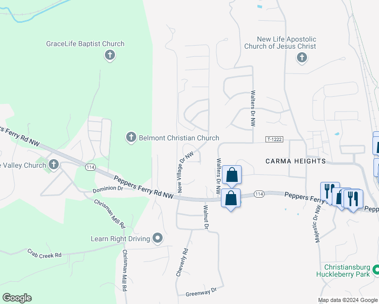 map of restaurants, bars, coffee shops, grocery stores, and more near 725 New Village Drive Northwest in Christiansburg
