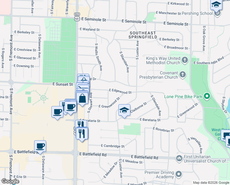 map of restaurants, bars, coffee shops, grocery stores, and more near 2049-2083 E Greenwood St in Springfield