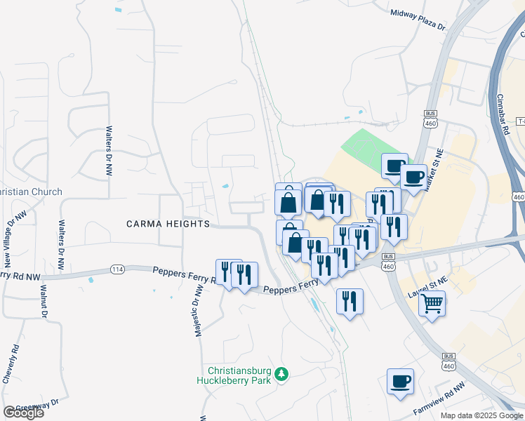 map of restaurants, bars, coffee shops, grocery stores, and more near 107 Patriot Way in Christiansburg