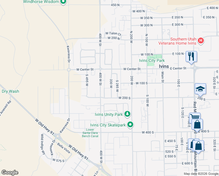 map of restaurants, bars, coffee shops, grocery stores, and more near 351 West 125 South in Ivins