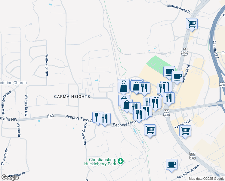 map of restaurants, bars, coffee shops, grocery stores, and more near 107 Patriot Way in Christiansburg