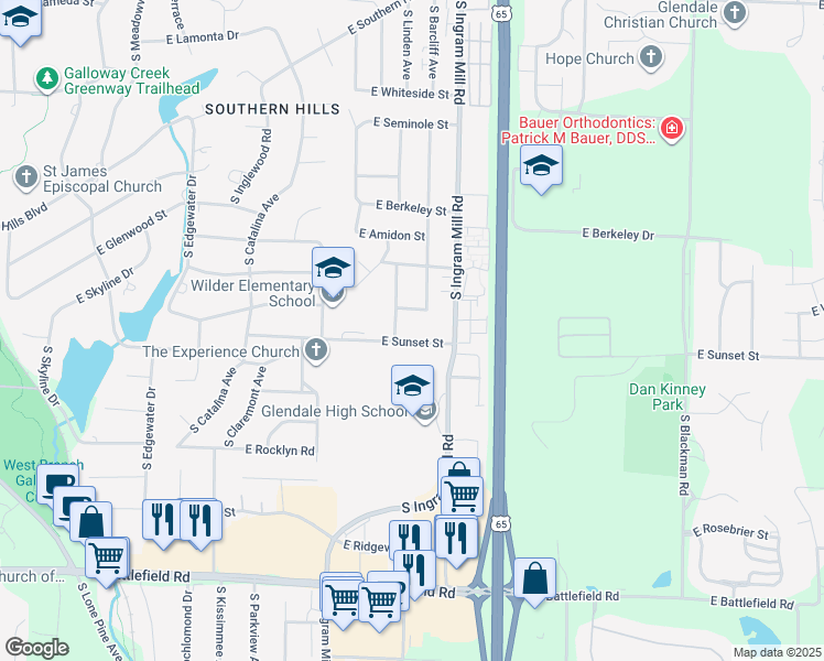 map of restaurants, bars, coffee shops, grocery stores, and more near 3321 East Sunset Street in Springfield