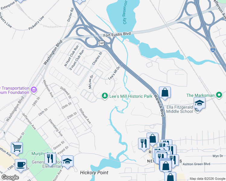 map of restaurants, bars, coffee shops, grocery stores, and more near 356 Rivers Ridge Circle in Newport News