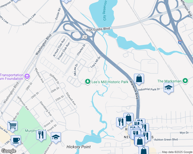 map of restaurants, bars, coffee shops, grocery stores, and more near 356 Rivers Ridge Circle in Newport News