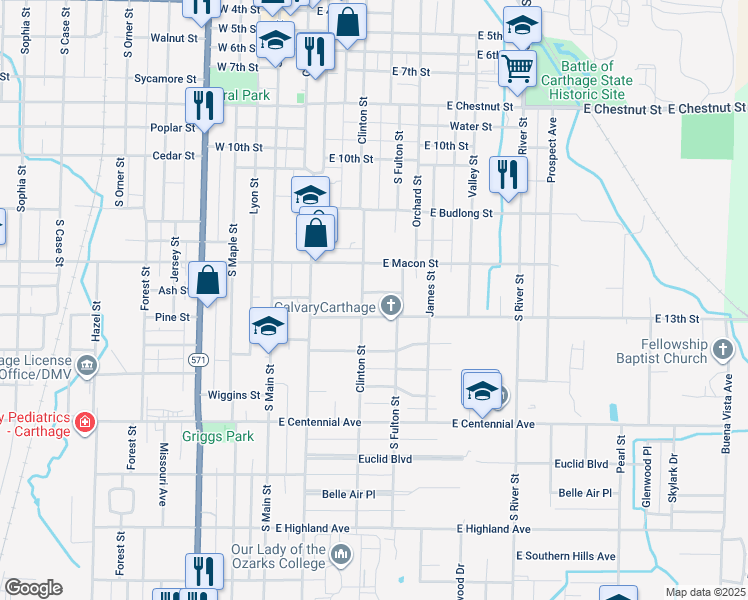 map of restaurants, bars, coffee shops, grocery stores, and more near 512-584 East 13th Street in Carthage