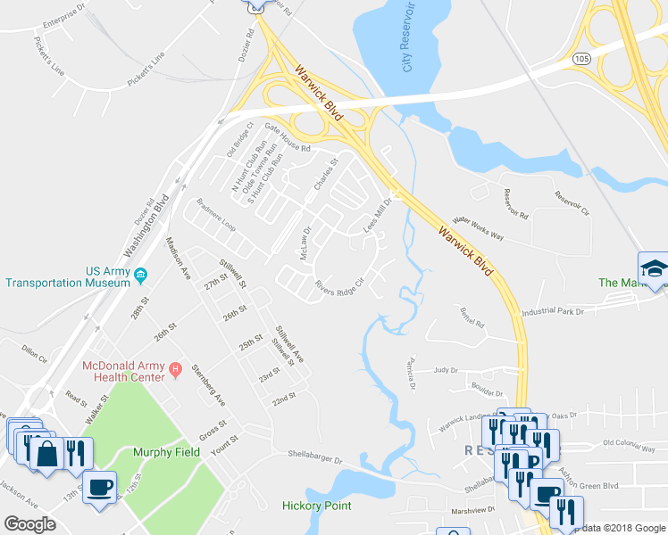map of restaurants, bars, coffee shops, grocery stores, and more near 107 McKnew Court in Newport News