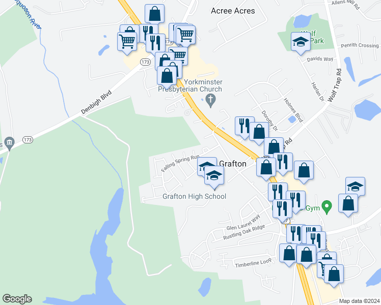 map of restaurants, bars, coffee shops, grocery stores, and more near 107 Greystone Walk in Yorktown