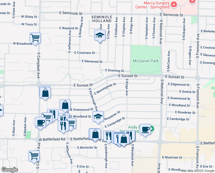 map of restaurants, bars, coffee shops, grocery stores, and more near 2700 South Dollison Avenue in Springfield