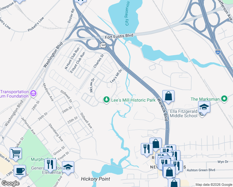 map of restaurants, bars, coffee shops, grocery stores, and more near 356 Rivers Ridge Circle in Newport News
