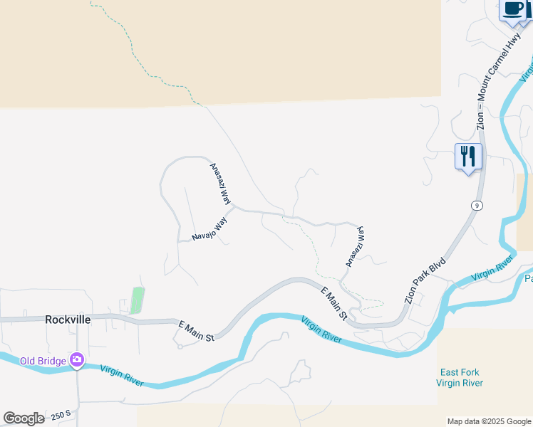 map of restaurants, bars, coffee shops, grocery stores, and more near Anasazi Way in Springdale