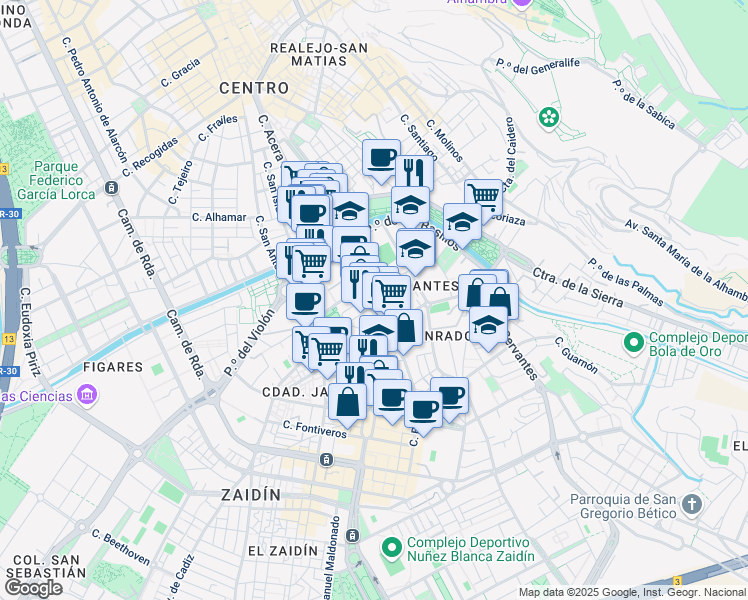 map of restaurants, bars, coffee shops, grocery stores, and more near 11 Calle Poeta Manuel Gongora in Granada