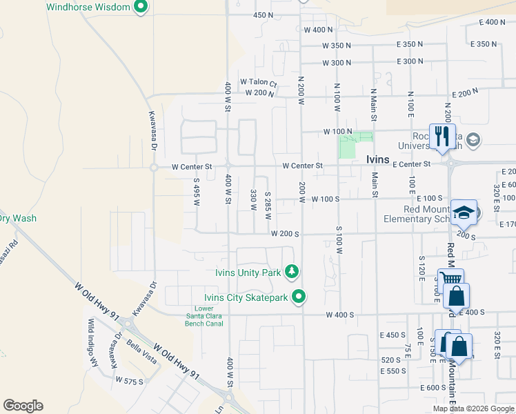 map of restaurants, bars, coffee shops, grocery stores, and more near South 330 East in Ivins