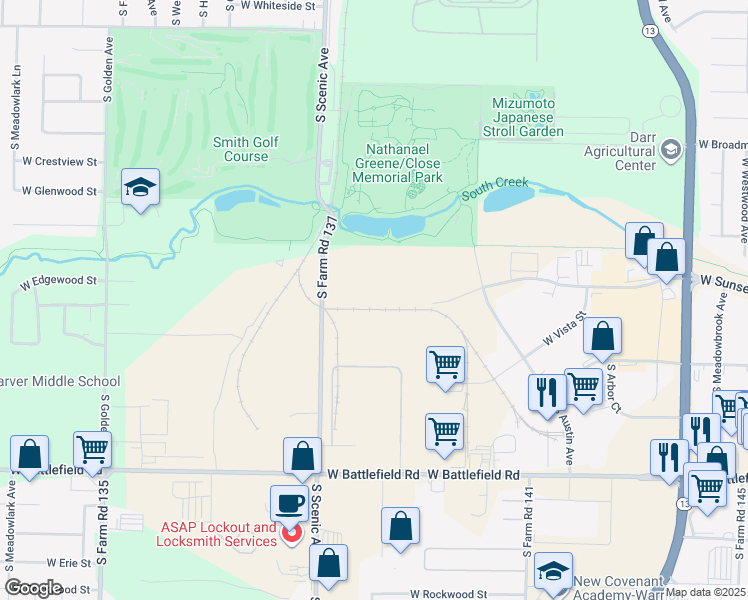 map of restaurants, bars, coffee shops, grocery stores, and more near 2630 South Scenic Avenue in Springfield