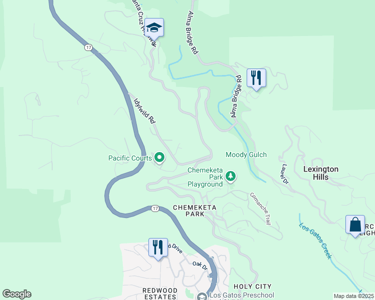map of restaurants, bars, coffee shops, grocery stores, and more near 18101 Idylwild Road in Los Gatos