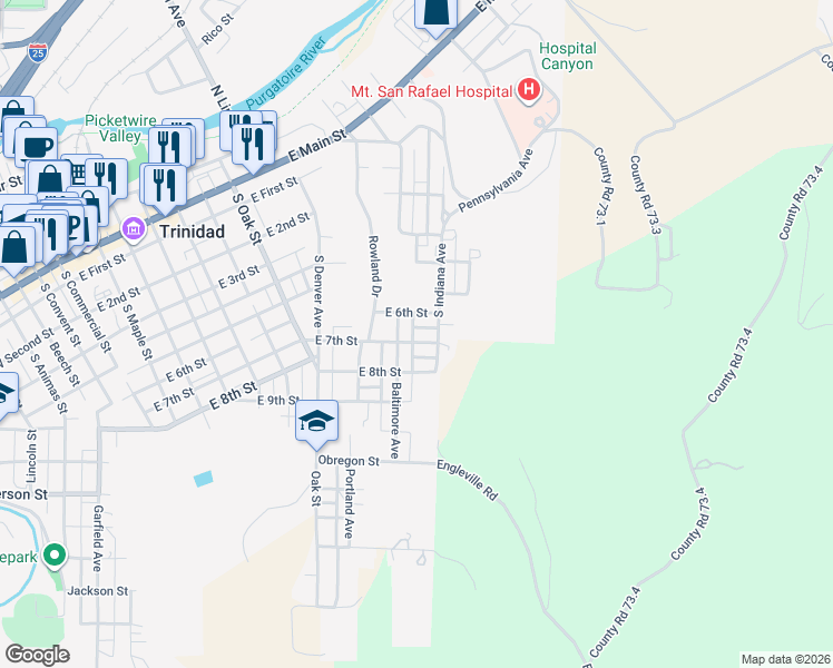 map of restaurants, bars, coffee shops, grocery stores, and more near 1200-1204 East 6th Street in Trinidad