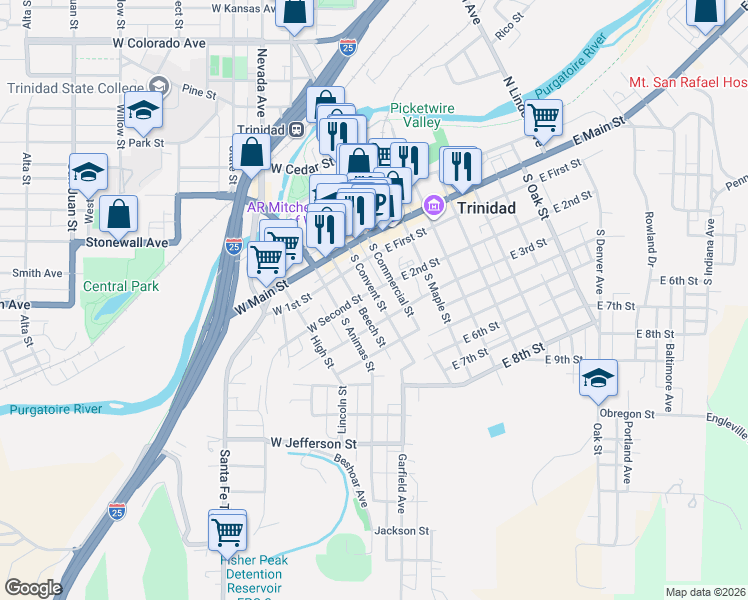 map of restaurants, bars, coffee shops, grocery stores, and more near 225 South Commercial Street in Trinidad