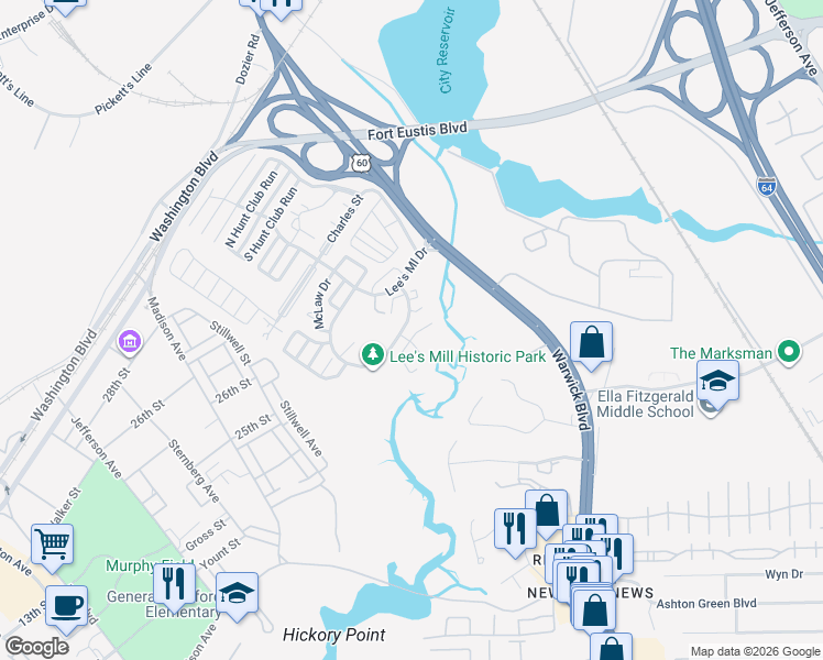 map of restaurants, bars, coffee shops, grocery stores, and more near 451 Rivers Ridge Circle in Newport News
