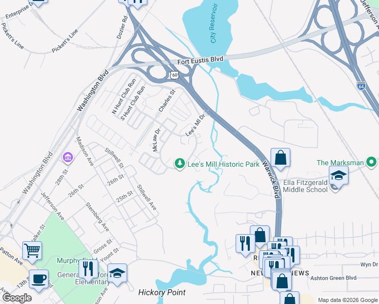 map of restaurants, bars, coffee shops, grocery stores, and more near 451 Rivers Ridge Circle in Newport News
