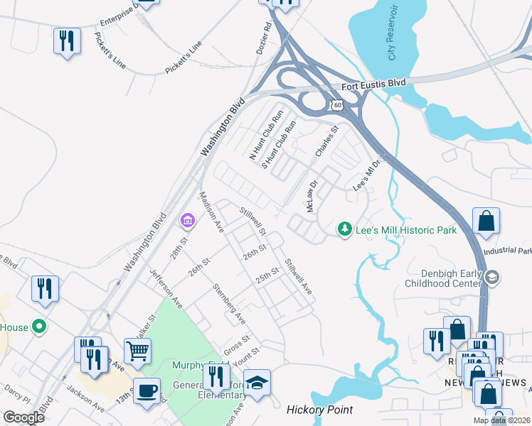 map of restaurants, bars, coffee shops, grocery stores, and more near 104 Gretna Way in Newport News