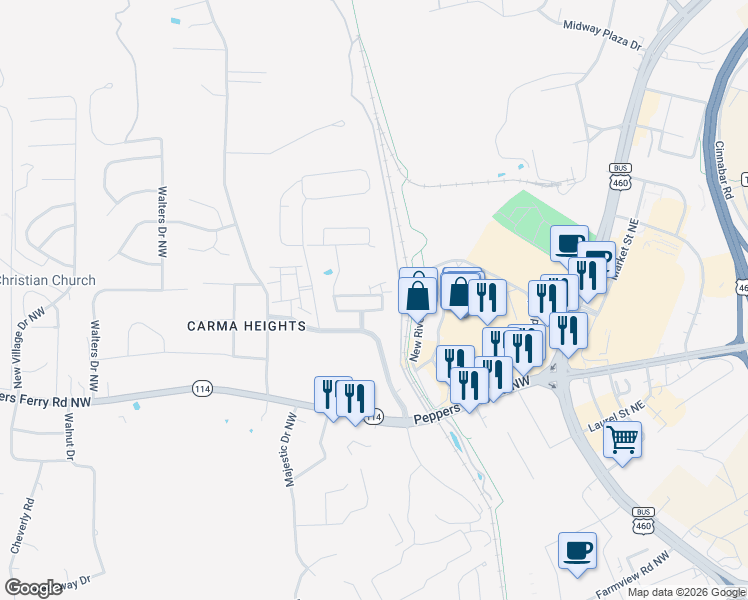 map of restaurants, bars, coffee shops, grocery stores, and more near 163 Patriot Way in Christiansburg