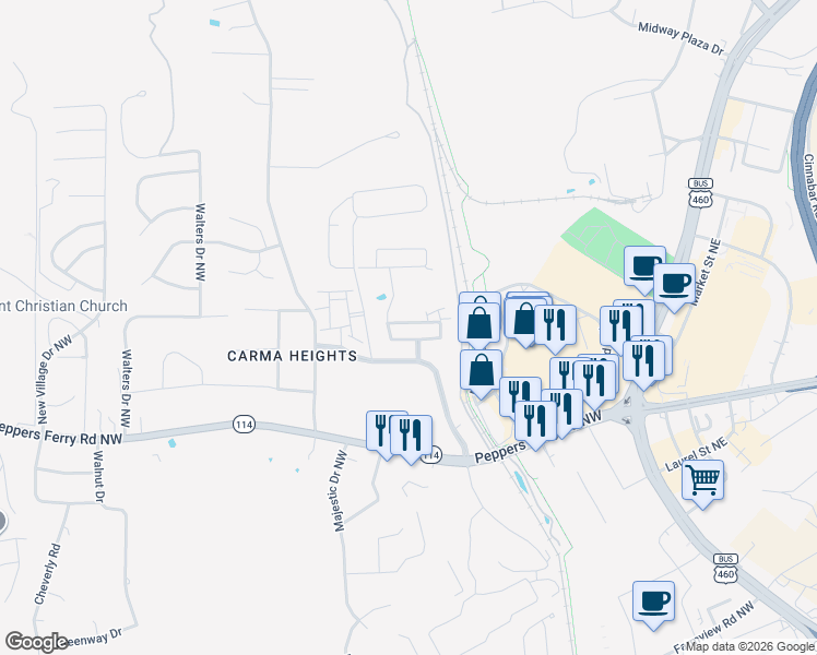 map of restaurants, bars, coffee shops, grocery stores, and more near 195 Patriot Way in Christiansburg