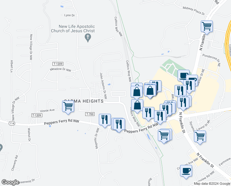 map of restaurants, bars, coffee shops, grocery stores, and more near 195 Patriot Way in Christiansburg