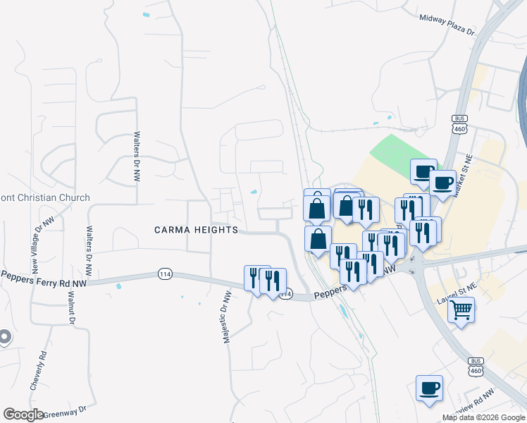 map of restaurants, bars, coffee shops, grocery stores, and more near 195 Patriot Way in Christiansburg