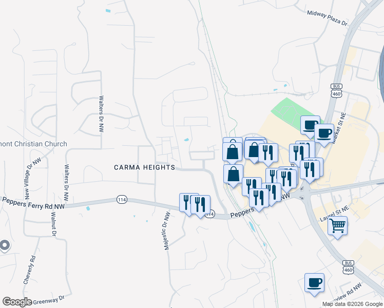 map of restaurants, bars, coffee shops, grocery stores, and more near 195 Patriot Way in Christiansburg