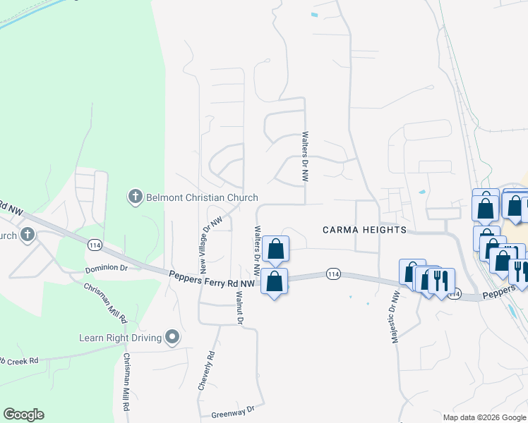 map of restaurants, bars, coffee shops, grocery stores, and more near 320 Walters Drive Northwest in Christiansburg