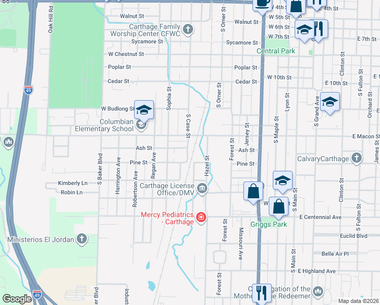 map of restaurants, bars, coffee shops, grocery stores, and more near 726 West Macon Street in Carthage