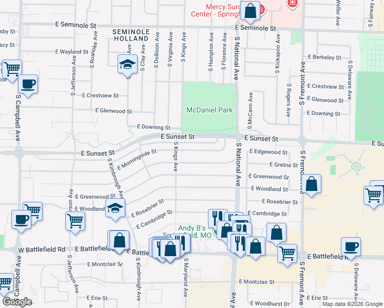 map of restaurants, bars, coffee shops, grocery stores, and more near 1036 East Morningside Street in Springfield