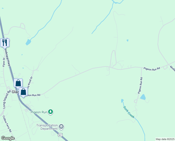 map of restaurants, bars, coffee shops, grocery stores, and more near 793 Pigeon Run Road in Gladys