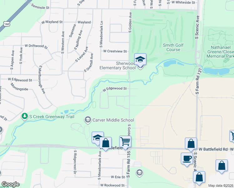 map of restaurants, bars, coffee shops, grocery stores, and more near 3195 West Edgewood Street in Springfield