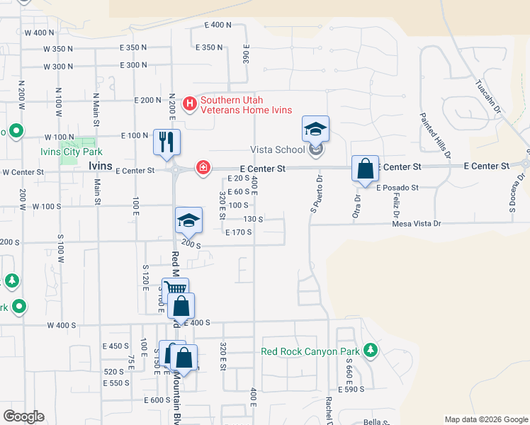 map of restaurants, bars, coffee shops, grocery stores, and more near 385 East 100 South in Ivins