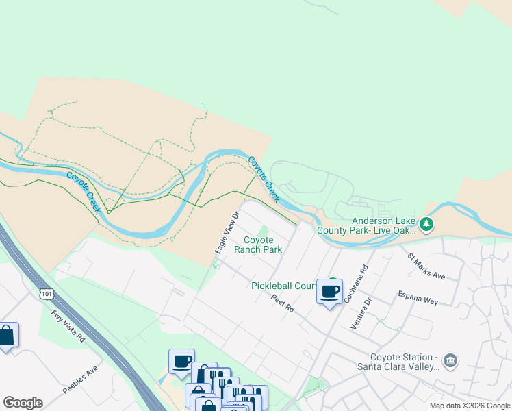 map of restaurants, bars, coffee shops, grocery stores, and more near Coyote Creek Trail in Morgan Hill