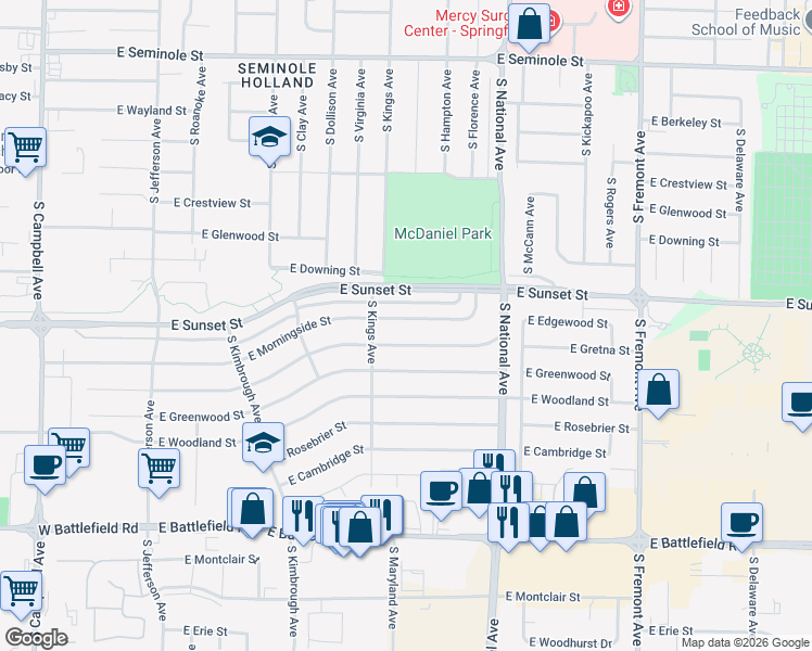map of restaurants, bars, coffee shops, grocery stores, and more near 1036 East Morningside Street in Springfield