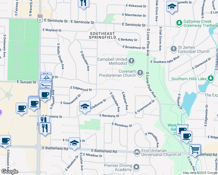 map of restaurants, bars, coffee shops, grocery stores, and more near 2249 East Edgewood Street in Springfield