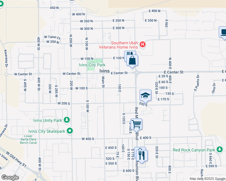 map of restaurants, bars, coffee shops, grocery stores, and more near 60 East 100 South in Ivins